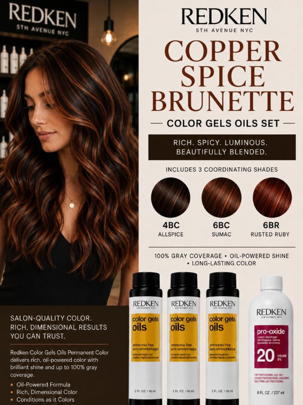 Redken Color Gels Oils Copper Spice Brunette Hair Color Set + 20 Vol Developer